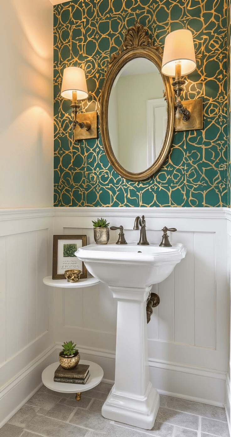 Photorealistic half bathroom interior featuring a bold emerald green and gold geometric accent wall, crisp white remaining walls, a compact pedestal sink with a vintage-style faucet, an ornate oval mirror, decorative floating shelf, navy blue hand towels, and herringbone-patterned gray tile flooring, all illuminated by natural light and brass sconces.