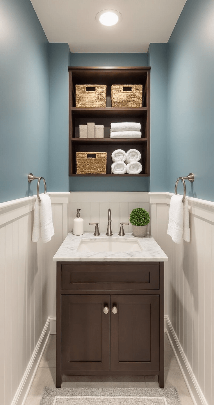 Ultra-detailed half bathroom scene featuring a compact espresso vanity with Carrara marble, above-toilet storage with woven baskets, spa blue walls, white wainscoting, brushed nickel fixtures, and decorative elements like a ceramic soap dispenser and premium cotton towels, all illuminated by soft morning light.