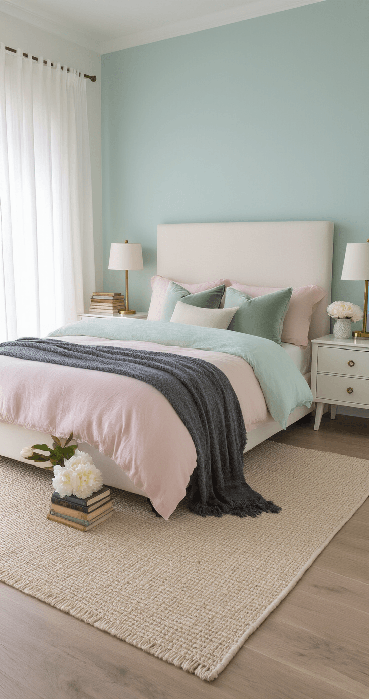 Wide-angle photograph of a serene pastel bedroom featuring pale blue walls, a white upholstered headboard, soft pink duvet, and mint green pillows, illuminated by soft morning light through sheer curtains. The room includes a charcoal blanket, cream jute rug, modern brass lamps, and fresh peonies, creating an airy and dreamy atmosphere.