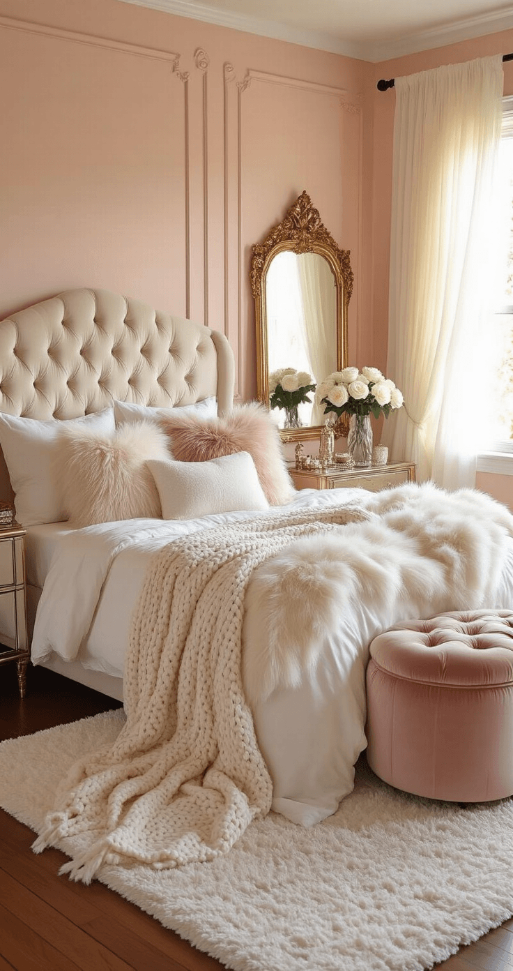 Intimate bedroom at golden hour featuring a cream velvet tufted headboard, blush pink walls, white silk sheets, faux fur throw pillows, chunky knit blanket, hardwood floors, white shag rug, warm fairy lights, dusty rose velvet ottoman, fresh white roses in a crystal vase, and sheer floral embroidered curtains.
