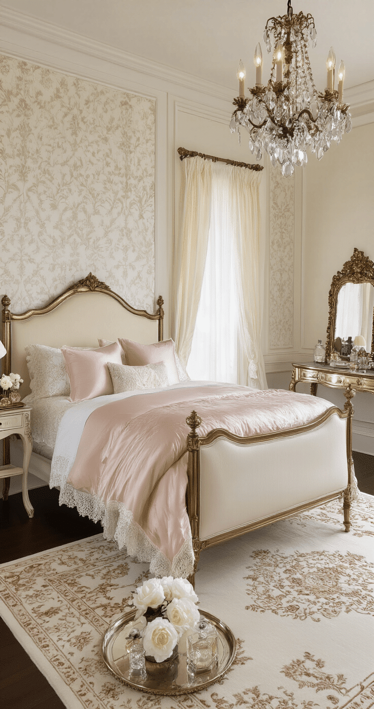 Sophisticated bedroom with antique brass bed, blush pink silk bedding, vintage vanity, crystal chandelier, and fresh white peonies, captured in soft afternoon light.