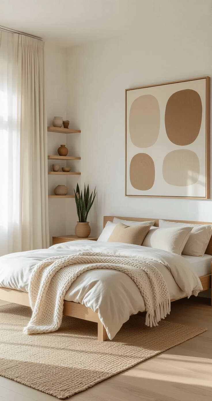 Clean architectural photograph of a warm minimalist bedroom featuring a natural oak platform bed, oatmeal linen bedding, and an abstract earth-toned painting, all illuminated by abundant morning light.