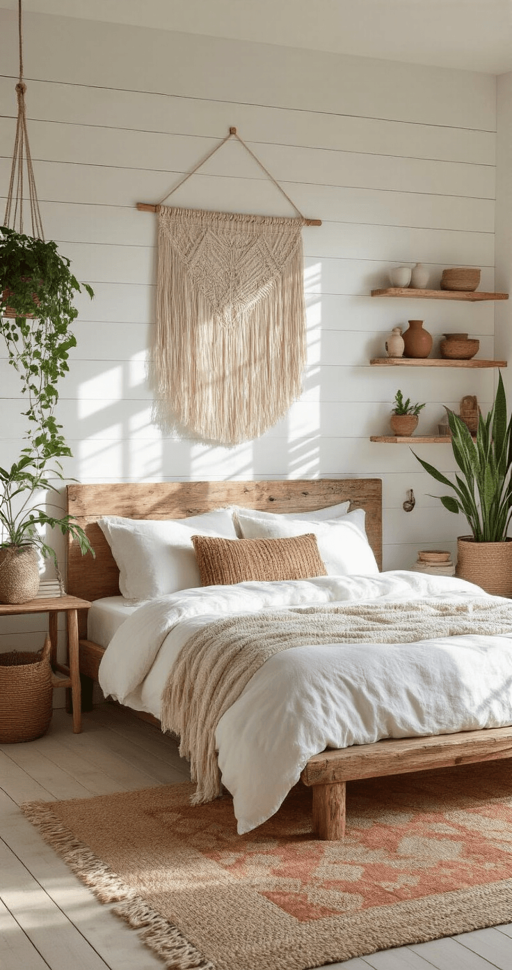 Eclectic boho-Scandinavian bedroom in soft morning light, featuring a reclaimed wood platform bed with white linen bedding, layered textiles, macramé wall hanging, bamboo flooring, jute rug, vintage kilim, and an array of indoor plants in woven baskets.