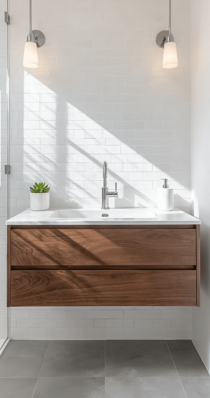 Bright and airy bathroom featuring vertical white subway tiles with charcoal grout, a modern walnut floating vanity with an undermount sink, large light gray porcelain floor tiles, chrome fixtures, and soft morning light illuminating the space.