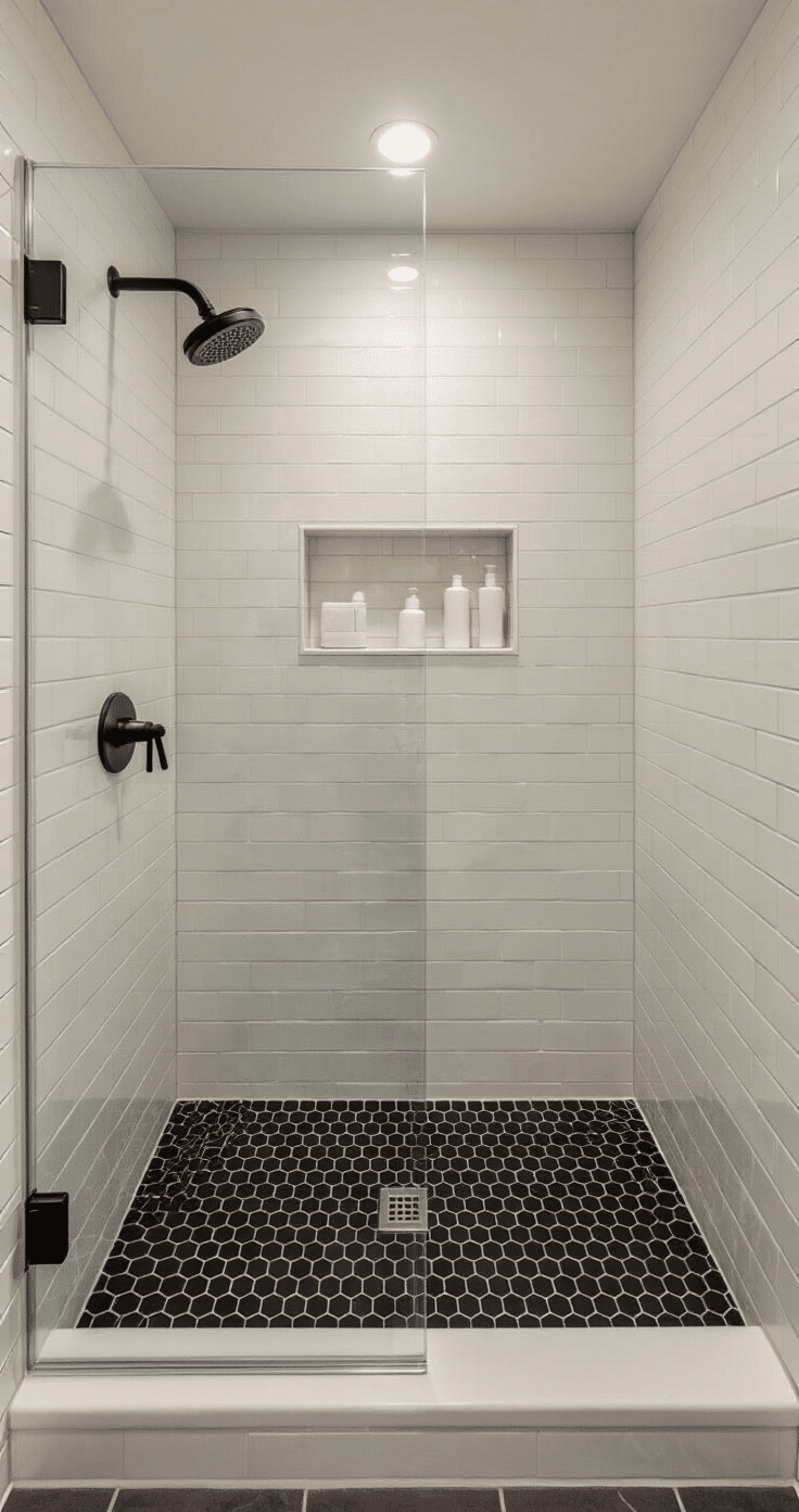 Spacious walk-in shower featuring black hexagon mosaic floor tiles and elongated white subway wall tiles, illuminated by soft recessed LED lighting, with a brushed nickel rainfall showerhead and minimal styling.