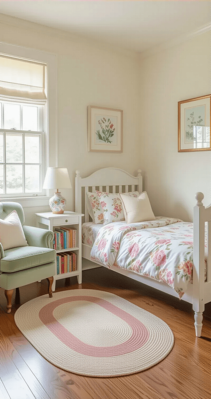 A photorealistic depiction of a cozy 3x3 children's bedroom bathed in soft morning light, featuring a small white bed with pastel floral bedding, a sage green velvet armchair, a compact bookcase, honey oak hardwood flooring, and warm ivory walls with a framed botanical print.