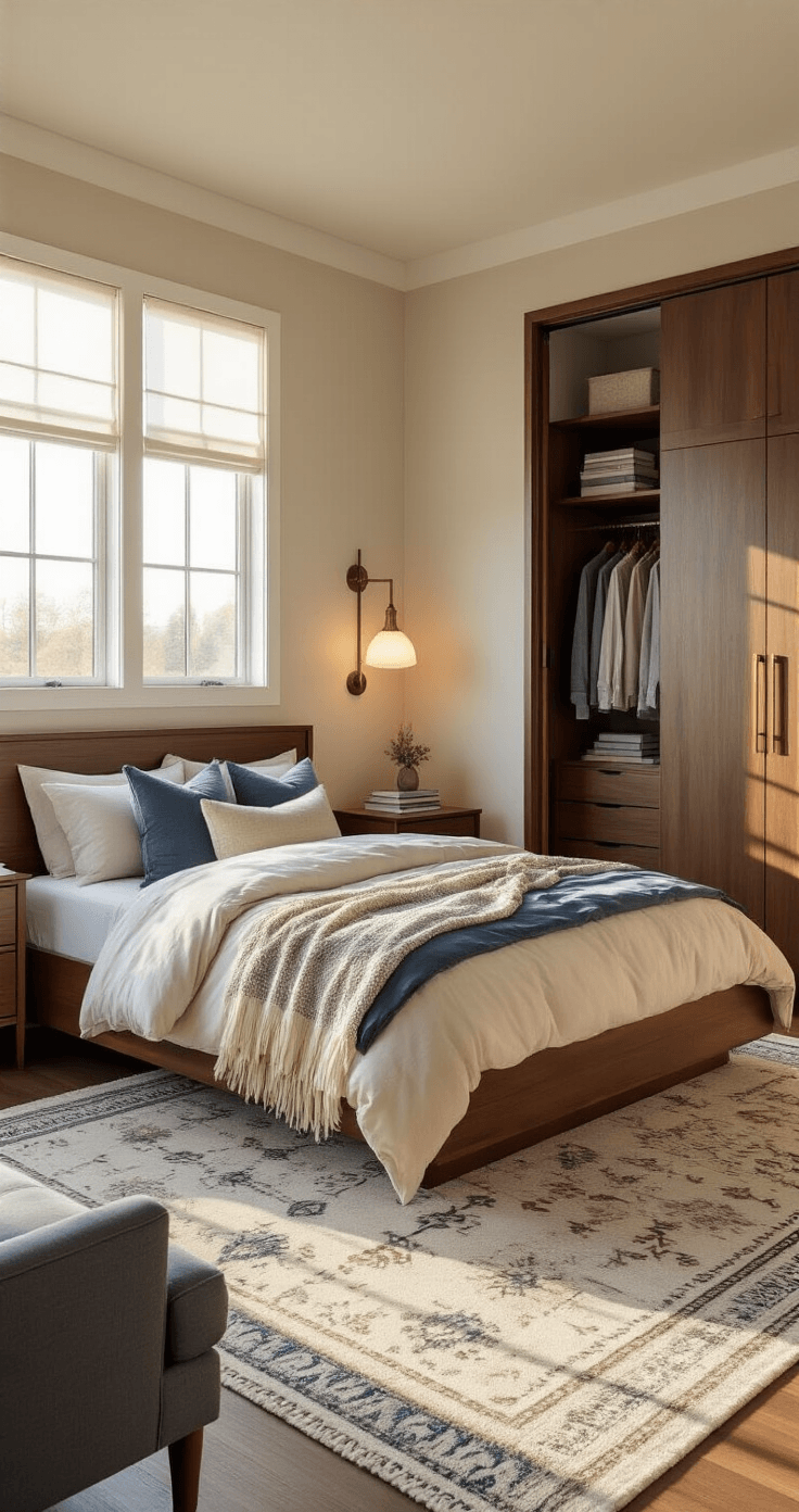 A cozy, photorealistic 5x5 bedroom bathed in warm golden hour light, featuring a queen-size walnut platform bed with layered cream and dusty blue linens, a tufted charcoal accent chair in a dedicated seating area, and an organized built-in closet, all accented by geometric rugs and soft gray walls with artwork.