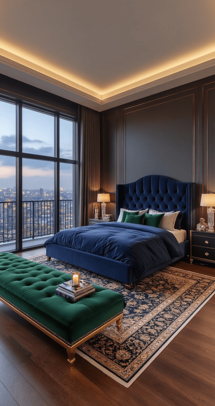 Photorealistic luxury master bedroom featuring dramatic evening lighting, city view through floor-to-ceiling windows, king-size navy velvet bed, emerald green chaise lounge, hardwood flooring, and refined decor elements.
