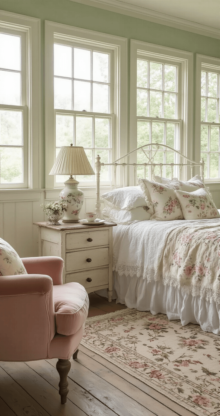 Photorealistic cottage-core bedroom featuring an antique white iron bed with vintage florals, soft natural light from multiple windows, a cozy reading nook with a faded rose velvet armchair, distressed pine flooring, and sage green walls adorned with botanical prints.