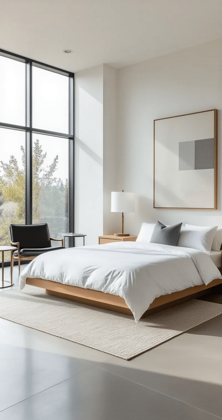 Photorealistic modern minimalist bedroom featuring a low-profile light oak platform bed with white bedding, geometric furniture arrangement, sleek horizontal windows, and polished concrete flooring, accented by a large-scale abstract artwork and a neutral geometric area rug.