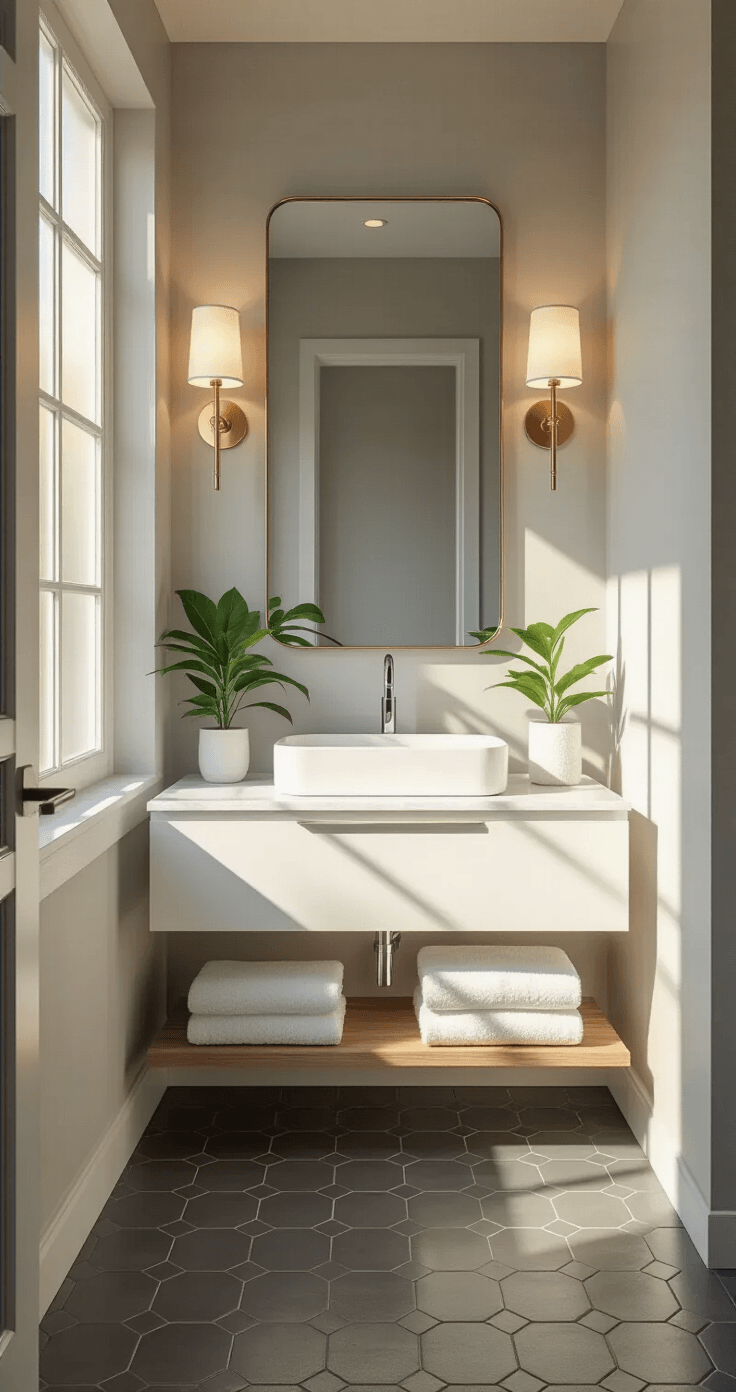 Photorealistic modern small bathroom featuring a white floating vanity, polished quartz countertop, wall-mounted chrome faucet, rectangular vessel sink, large frameless mirror with brass sconces, and dark gray hexagon tiles, illuminated by warm morning light.