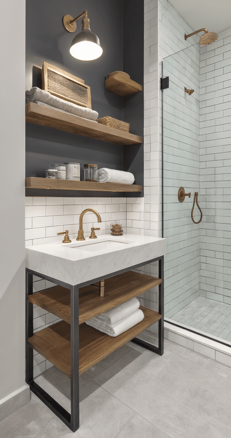 Contemporary bathroom featuring a stylish console vanity with metal legs and quartz top, accented by a charcoal wall, diffused afternoon light, white subway tile shower with dark grout, light gray porcelain floor tiles, brass fixtures, and warm wood floating shelves with decorative items.