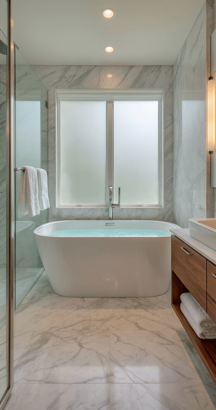 Small luxury bathroom with a freestanding white acrylic soaking tub under a frosted window, featuring a walk-in shower with seamless glass partition, Carrara marble-look tiles, a floating walnut vanity, and a heated towel rack, illuminated by natural light and recessed LED fixtures.
