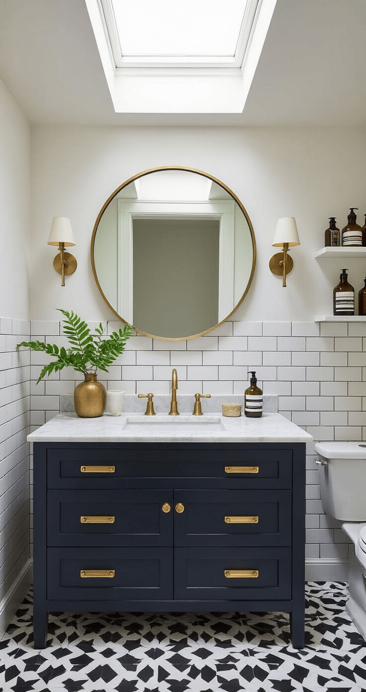 Compact powder room featuring bold black and white encaustic floor tiles, a dark navy floating vanity with brass hardware, oversized round brass-framed mirror, and warm lighting, all illuminated by natural light from a skylight.