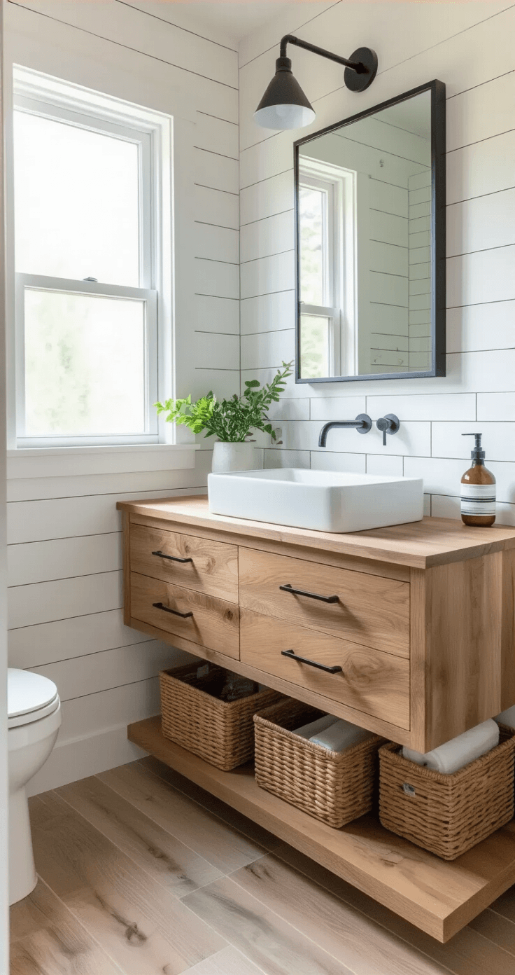 Bright Scandinavian-inspired small bathroom featuring wood-look porcelain plank tiles, white shiplap walls, a natural wood floating vanity with live edge detail, matte black fixtures, and a subway tile shower surround, all illuminated by soft morning light through a large window.