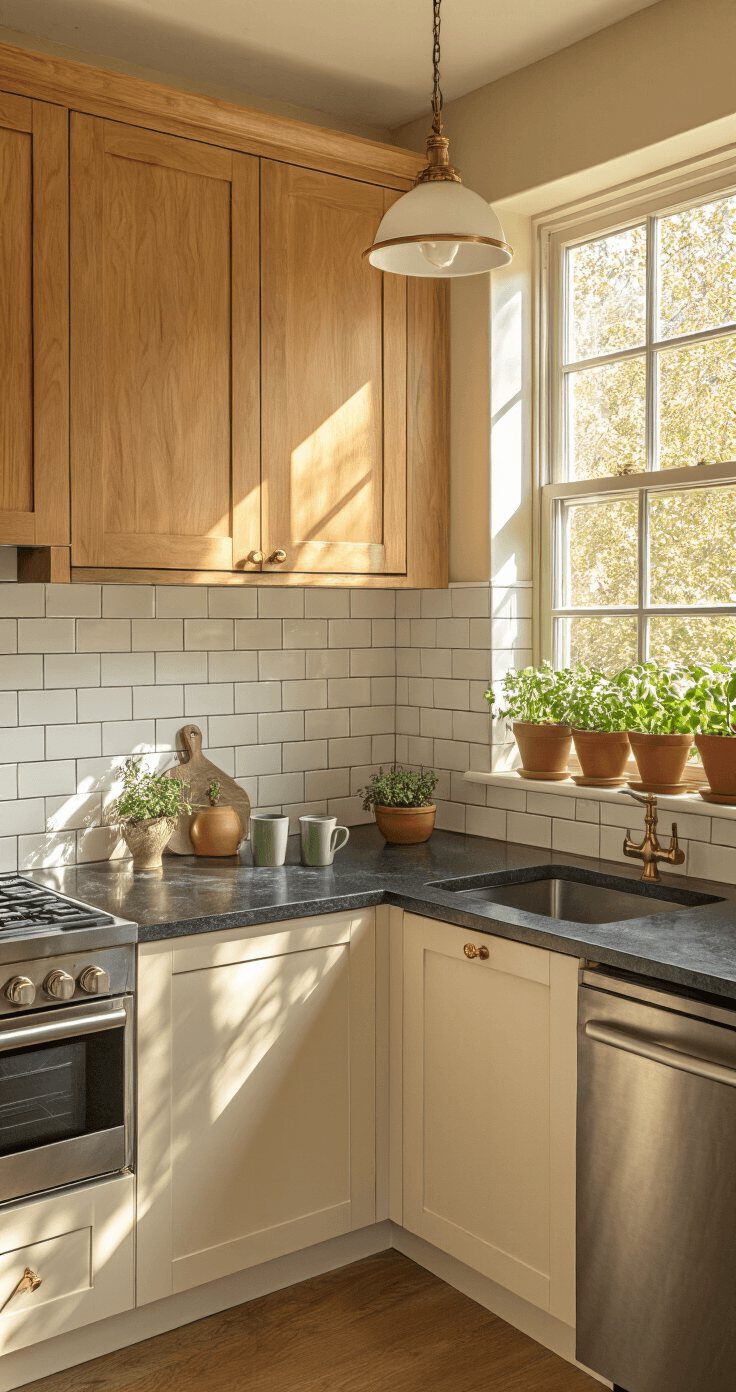 A cozy and intimate compact kitchen with warm honey-oak cabinets, charcoal granite countertops, and stainless steel appliances, illuminated by golden hour sunlight streaming through a window. A floating shelf displays ceramic mugs, while a potted herb garden sits on the windowsill. The space features a matte white subway tile backsplash and natural oak hardwood flooring.