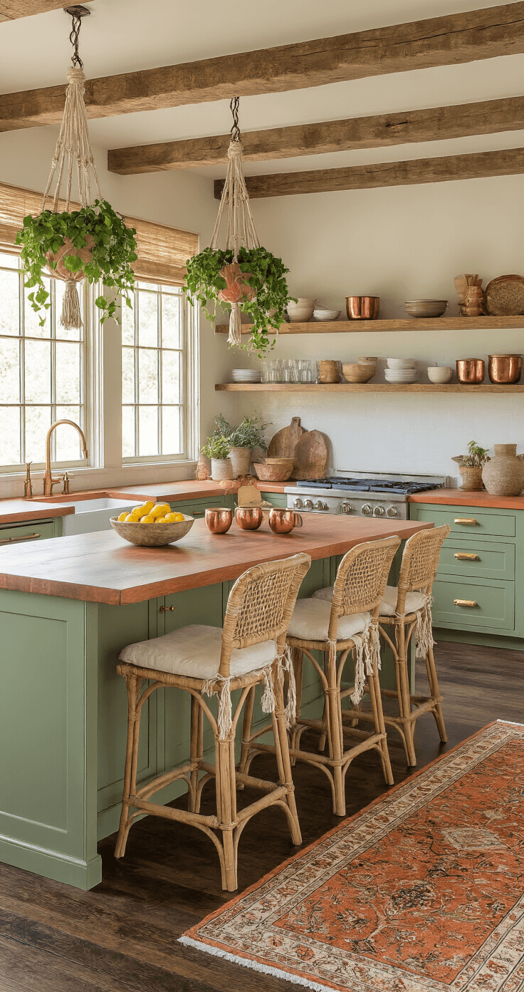 A bohemian kitchen featuring sage green cabinets, warm terracotta countertops, and open shelving with ceramic bowls, bathed in late afternoon light.