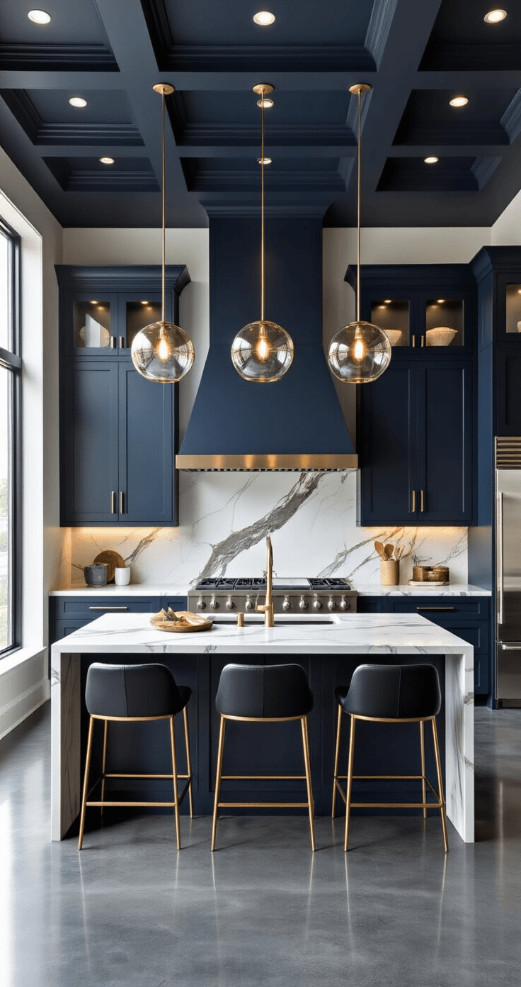 A luxurious modern kitchen with 12-foot charcoal gray coffered ceilings, navy blue cabinets, Calacatta marble countertops, and an 8-foot waterfall island, featuring brass and black leather barstools, stainless steel appliances, and under-cabinet LED lighting, showcasing a sophisticated urban atmosphere with city lights visible through floor-to-ceiling windows.