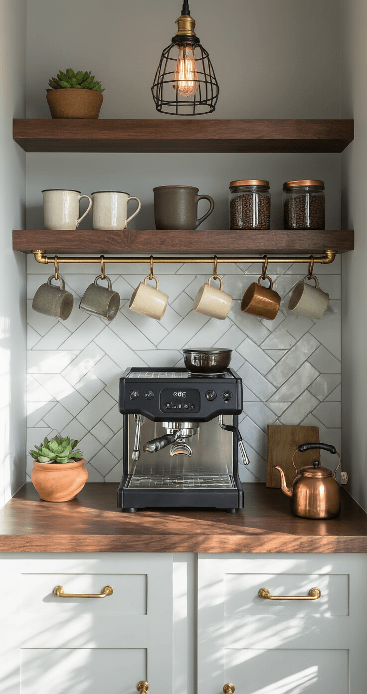 Intimate corner detail of a custom coffee station with dark walnut shelves, dove gray walls, a matte black espresso machine, hand-thrown ceramic mugs, glass canisters of coffee beans, vintage copper kettle, herringbone Carrara marble backsplash, terracotta succulent, and black wire cage pendant light, all illuminated by morning sunlight casting shadows on the surface.