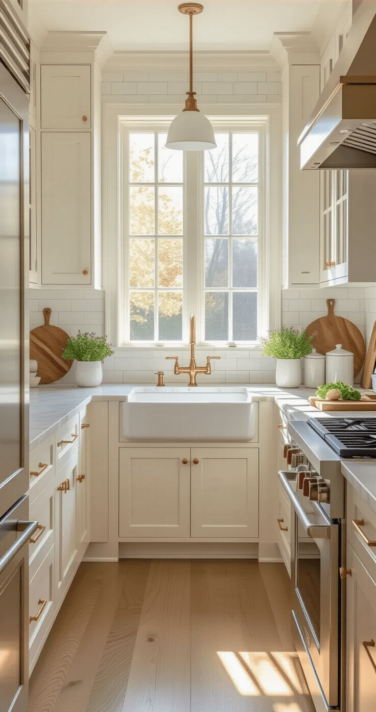 Photorealistic wide-angle view of a sophisticated galley kitchen with white shaker cabinets, golden hour lighting, creamy Carrara marble countertops, and warm honey oak hardwood floors, styled with fresh herbs and ceramic canisters.