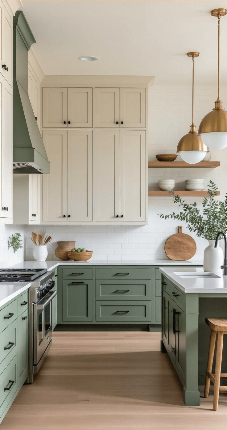 A modern L-shaped kitchen with smoky sage green lower cabinets and warm cream upper cabinets, featuring natural light, quartz countertops, and a white brick backsplash, styled with brass pendant lights and eucalyptus.