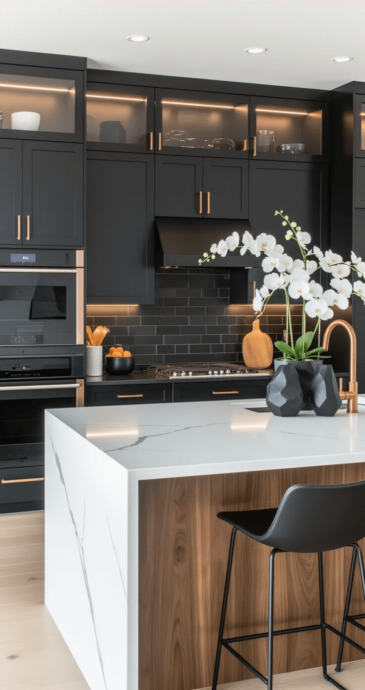 Bold contemporary kitchen with matte black handleless cabinets, warm walnut accents, and a white quartz island, featuring stainless steel appliances and illuminated by under-cabinet LED strips. Modern decor includes geometric vases with white orchids and minimalist copper details, captured in bright daylight from the living area.