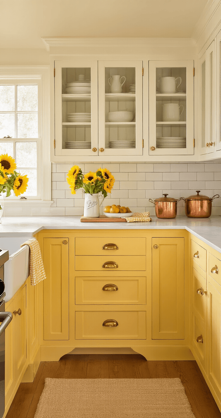 Charming farmhouse kitchen with warm butter yellow base cabinets, white upper cabinets, and butcher block countertops, captured in soft morning light, featuring vintage dishware, fresh sunflowers, and a cozy cottage vibe.