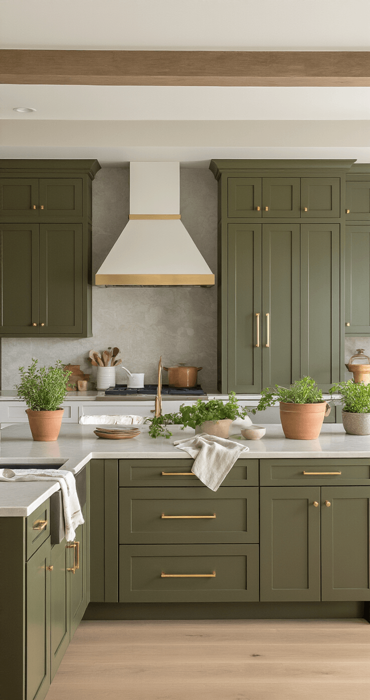 Modern transitional kitchen featuring rich olive green cabinets, light quartz countertops, and natural stone backsplash, with warm afternoon lighting and stylish decor.