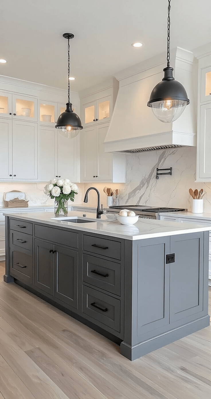 Elegant two-tone kitchen with charcoal gray lower cabinets and soft white upper cabinets, featuring Calacatta marble countertops and a white marble slab backsplash, illuminated by warm afternoon light.