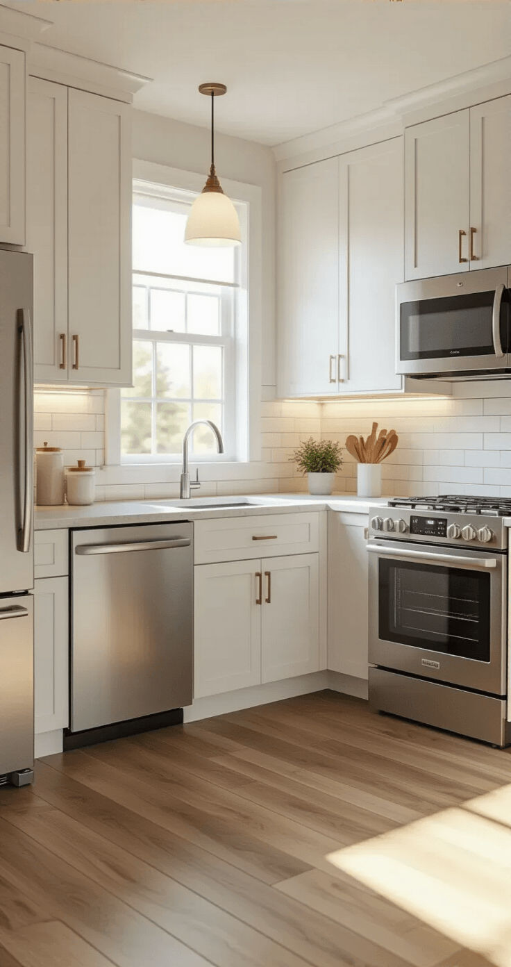 Photorealistic L-shaped small kitchen with white shaker cabinets, dove gray quartz countertops, stainless steel appliances, and natural oak hardwood flooring, illuminated by golden hour light from a window above the sink, featuring a compact layout with minimal clutter and a warm, airy atmosphere.