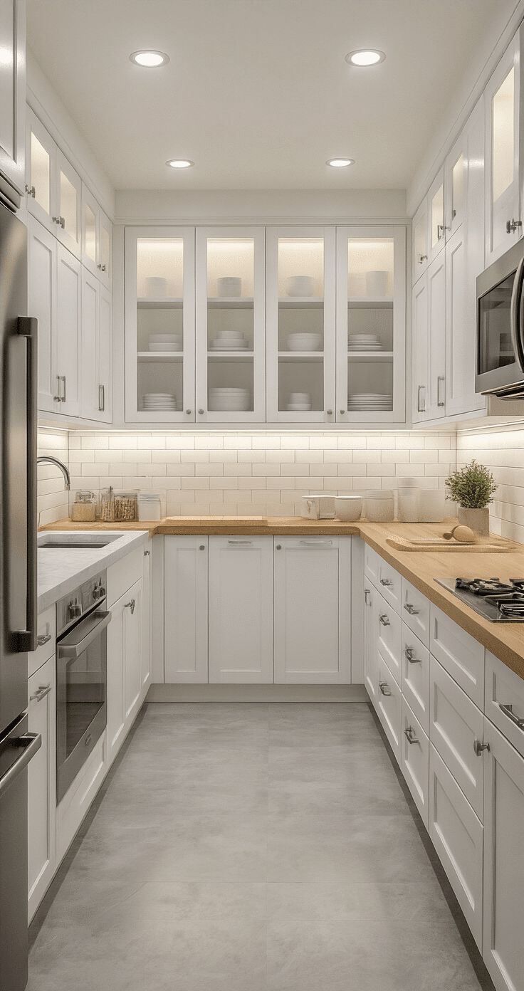 Photorealistic galley kitchen with white lacquered cabinets, light gray quartz countertops, rolling butcher block island, and polished concrete floors, featuring soft afternoon lighting and a streamlined atmosphere.