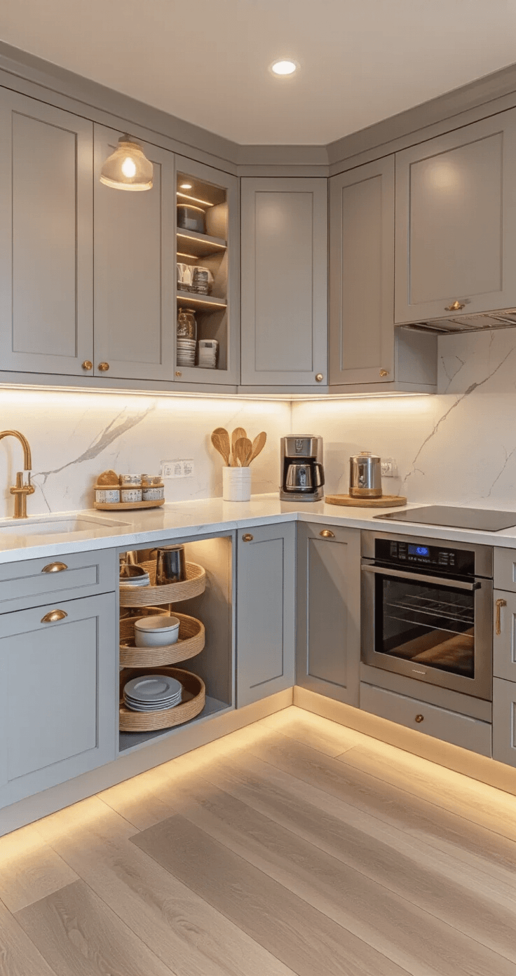 Photorealistic U-shaped compact kitchen with soft gray cabinets and marble-look quartz counters, featuring warm evening lighting, organized corner storage, and layered lighting accents in a sophisticated atmosphere.
