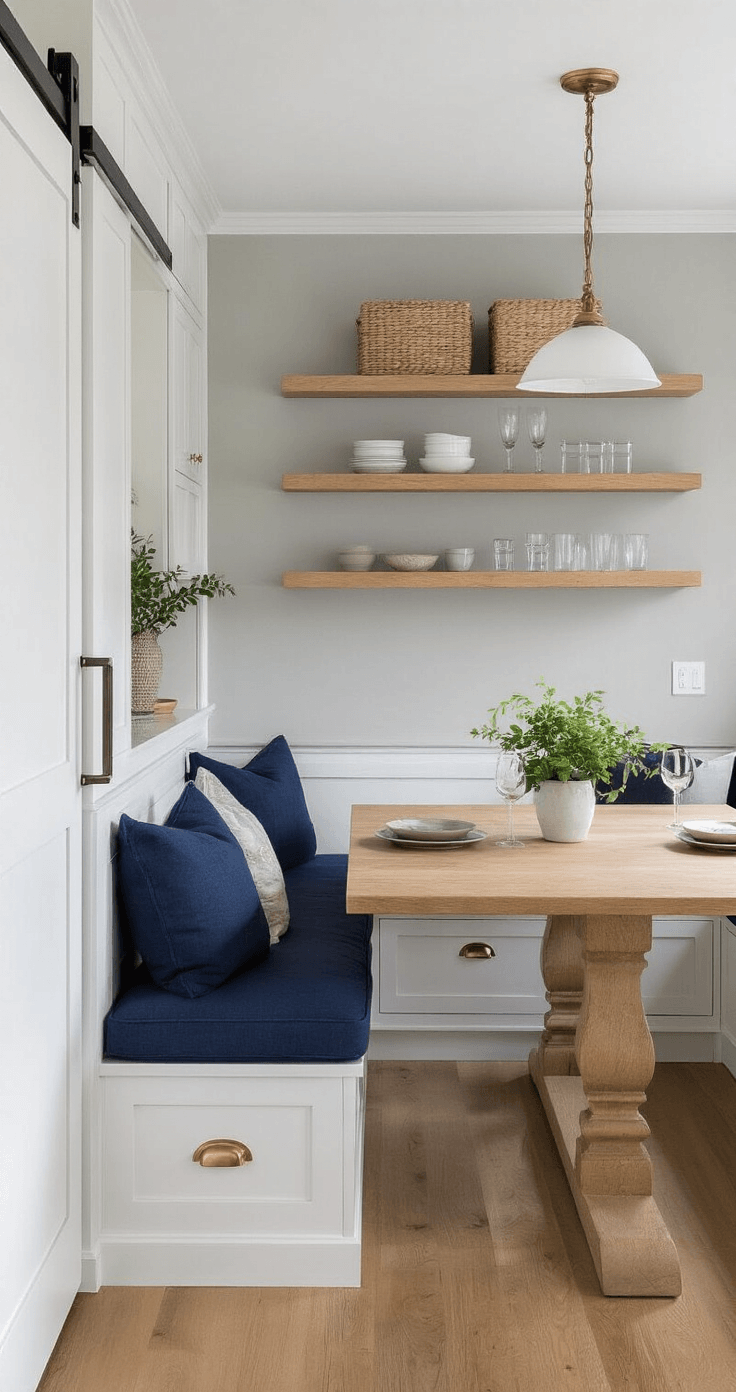 Photorealistic small kitchen dining area featuring built-in L-shaped bench seating with navy blue cushions, a white oak table, and storage drawers, complemented by white cabinets on warm gray walls, light seamless countertops, a reclaimed wood sliding barn door pantry, floating shelves with minimal glassware, pendant lighting, under-cabinet task lighting, and wide-plank hardwood flooring, all creating a cozy and inviting atmosphere.