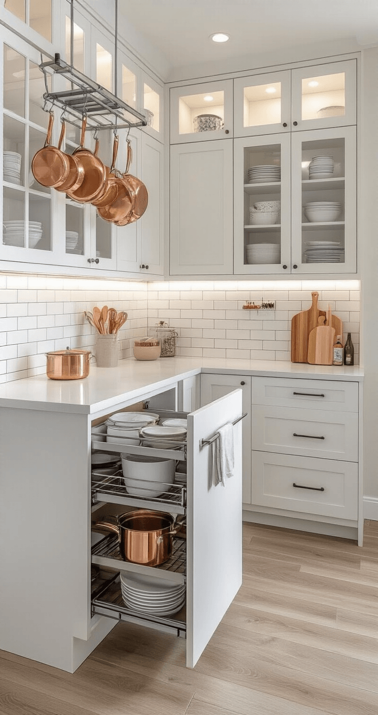 Photorealistic compact kitchen showcasing efficient vertical storage, featuring floor-to-ceiling white cabinets with glass uppers, organized dishware, pull-out drawer organizers, a wall-mounted pot rack with copper cookware, and a compact island with wine storage, all illuminated by bright afternoon light.