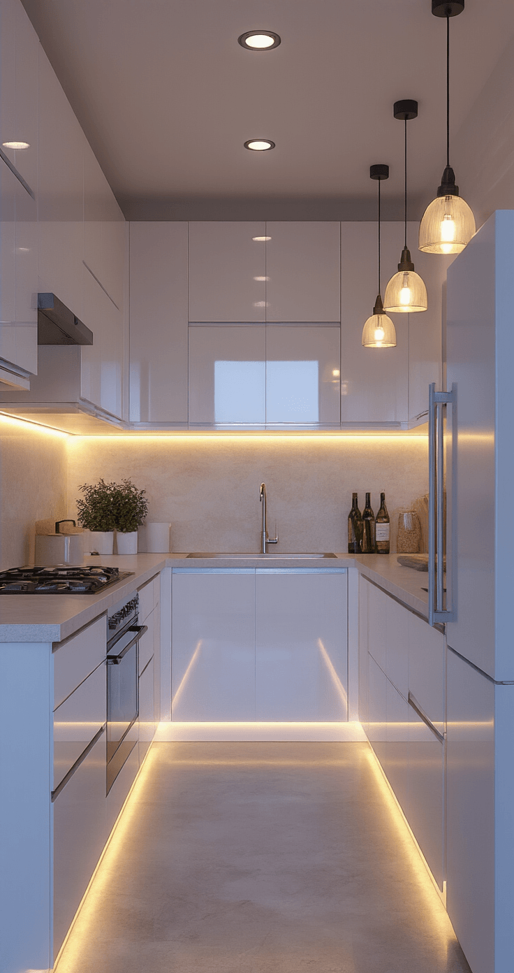 A photorealistic galley kitchen design featuring white high-gloss cabinets, light-colored stone countertops, and polished concrete floors, illuminated by multiple lighting sources including LED strips, mini pendants, and recessed spots, creating a warm, dramatic atmosphere during twilight.