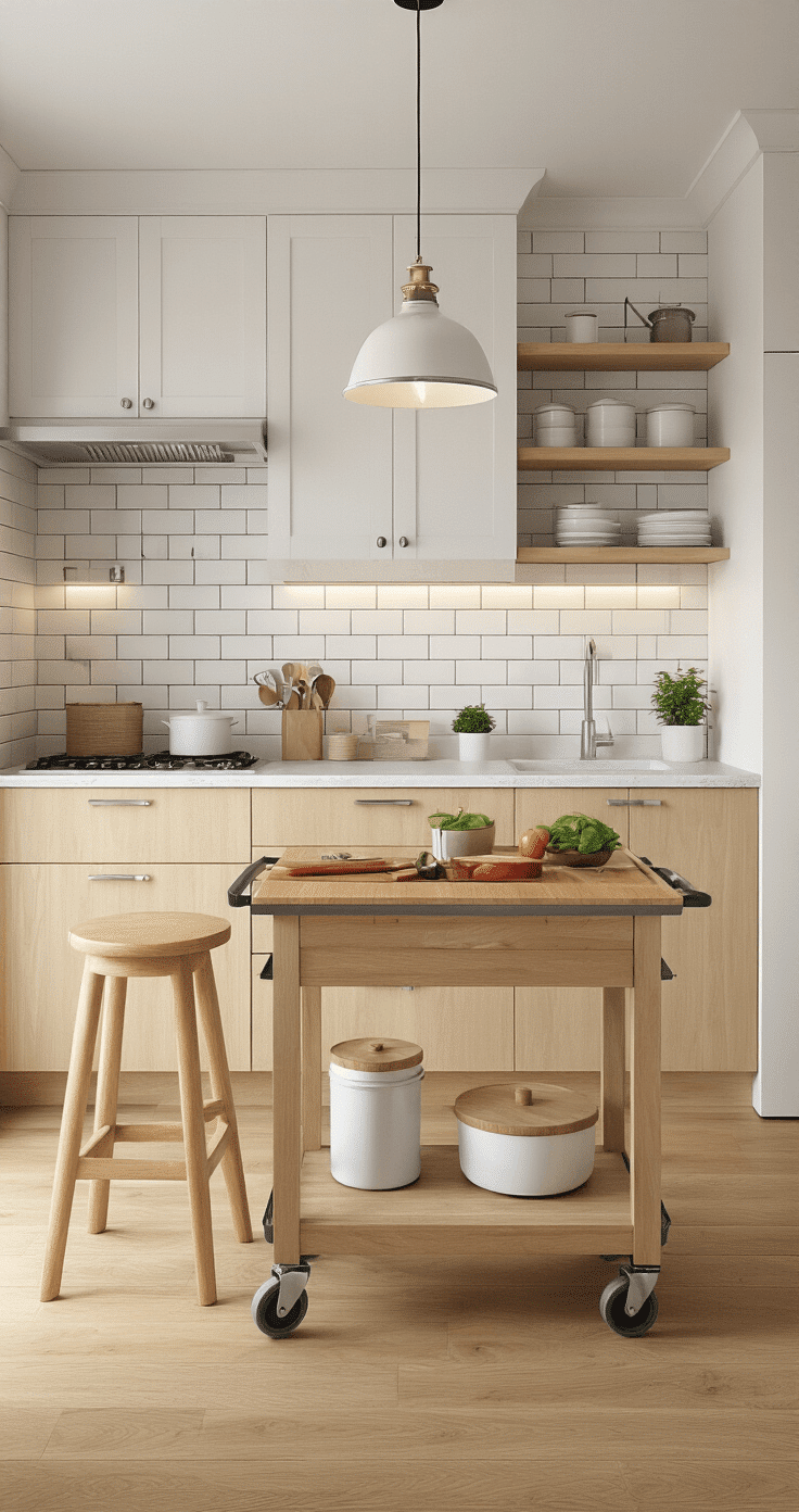 Photorealistic small kitchen design featuring a rolling kitchen cart with a butcher block top and storage, a wall-mounted fold-down table, stackable stools, and open shelving with portable appliances. Light maple cabinets, white subway tile backsplash, and light granite countertops under natural lighting. Emphasizes flexibility and movement with fresh herbs and colorful produce on display.