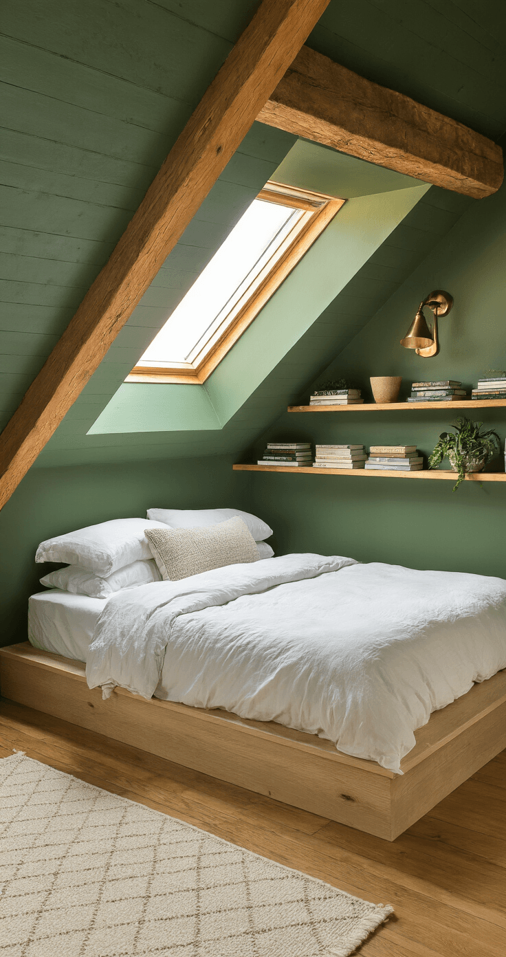 Cozy attic bedroom with slanted forest green ceilings, low-profile bed with white linens, exposed wooden beams, weathered oak floors, and built-in shelves, captured in soft golden hour light through a dormer window.
