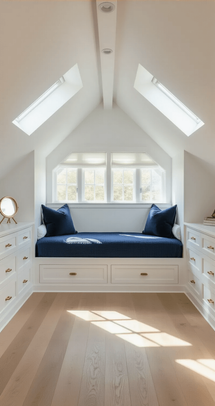 Bright and airy attic bedroom with white walls and slanted ceilings, featuring a queen-size daybed with navy blue pillows under a dormer alcove, pale oak floors, built-in storage with brass hardware, sheer Roman shades, and a minimalistic round mirror and floating nightstand, all bathed in morning light from skylights.