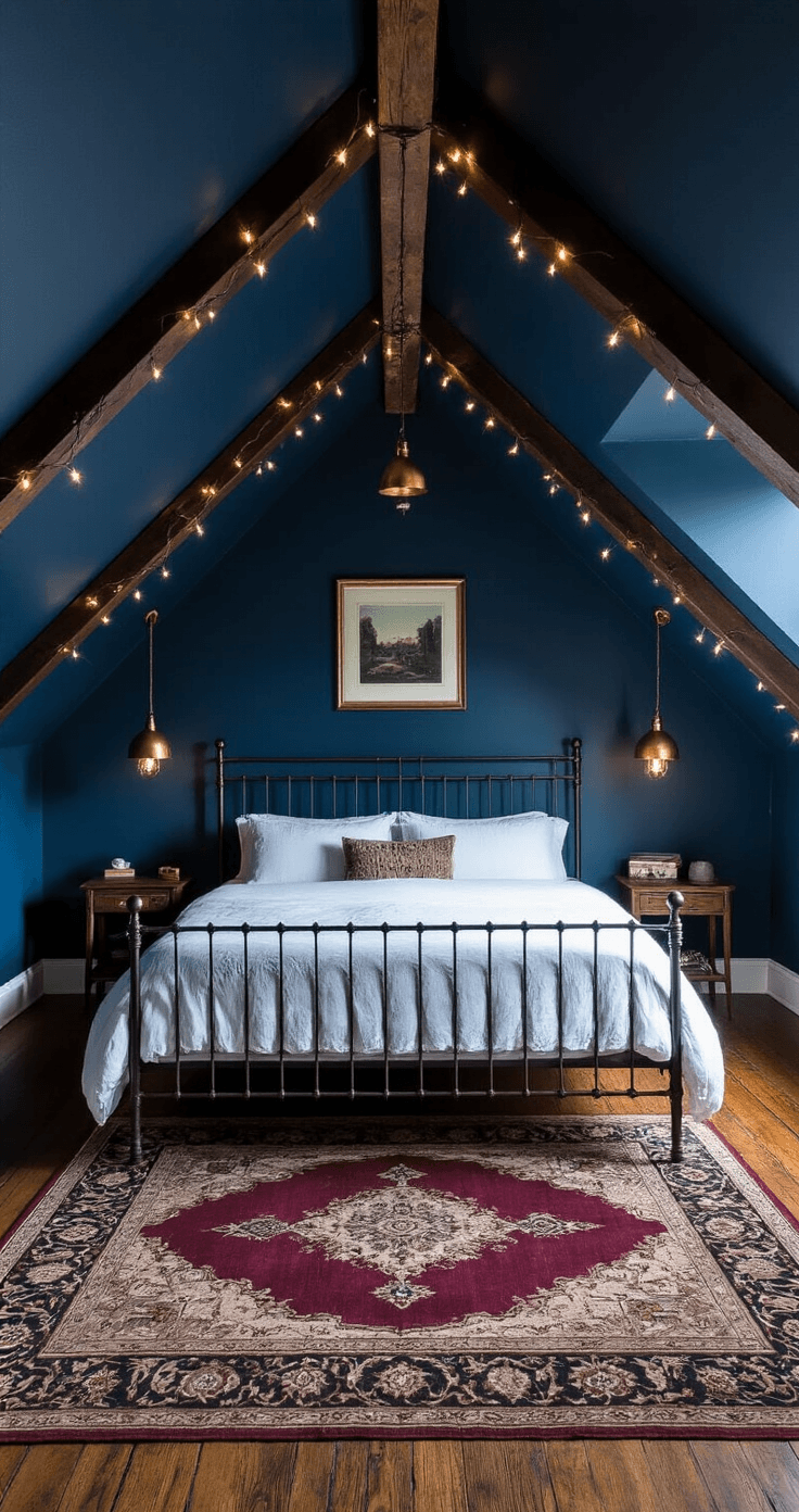 Intimate attic retreat with deep midnight blue walls, vintage iron bed framed by crisp white bedding, and warm lighting, featuring dark stained beams, a Persian-style area rug, and string lights for a cozy ambiance.