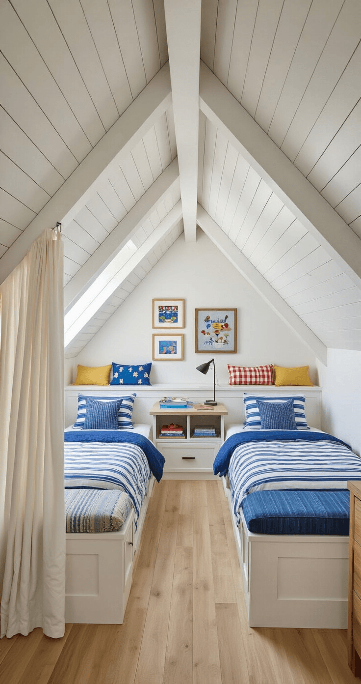 Brightly lit multi-functional attic bedroom featuring twin beds with striped bedding, natural pine storage benches with cushions, a compact homework area, and children's artwork on neutral walls, all separated by a sheer curtain divider.