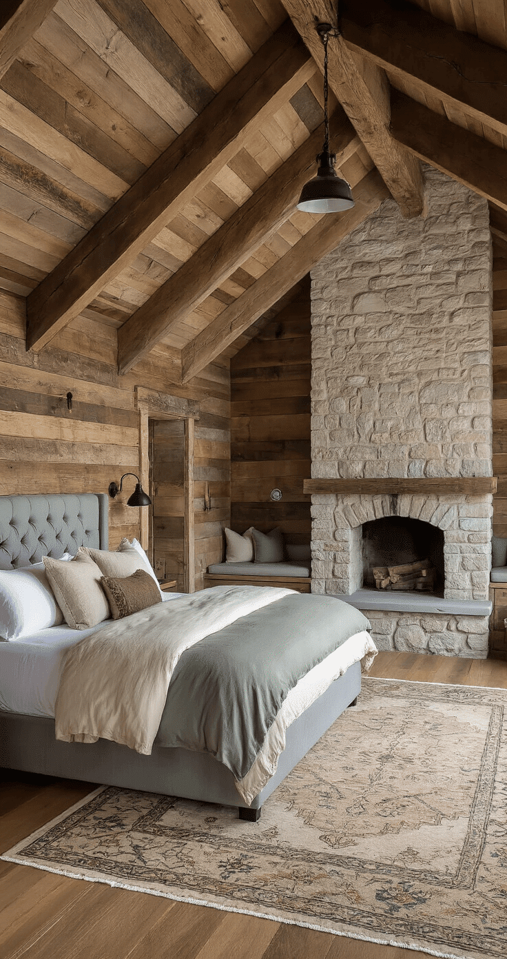 Rustic-chic attic master bedroom with a reclaimed wood accent wall, king-size bed under a low ceiling, exposed stone chimney, built-in reading nooks, and vintage Turkish runner on pine floors, all illuminated by soft morning light.