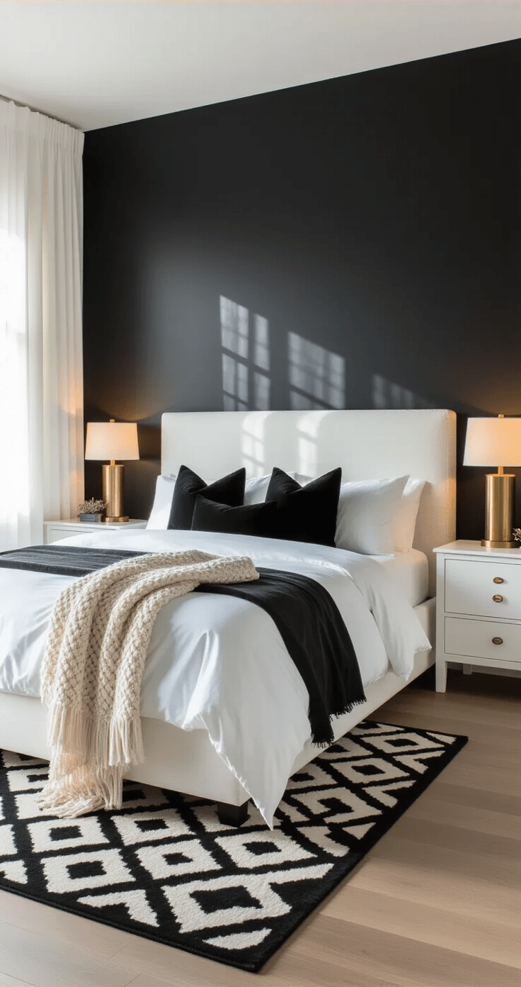 Photorealistic master bedroom with black accent wall behind king-sized white upholstered bed, morning light filtering through sheer curtains, hardwood floors with black geometric rug, white nightstands with brass lamps, layered bedding in white and charcoal, cozy atmosphere with warm lighting, captured from a low angle.