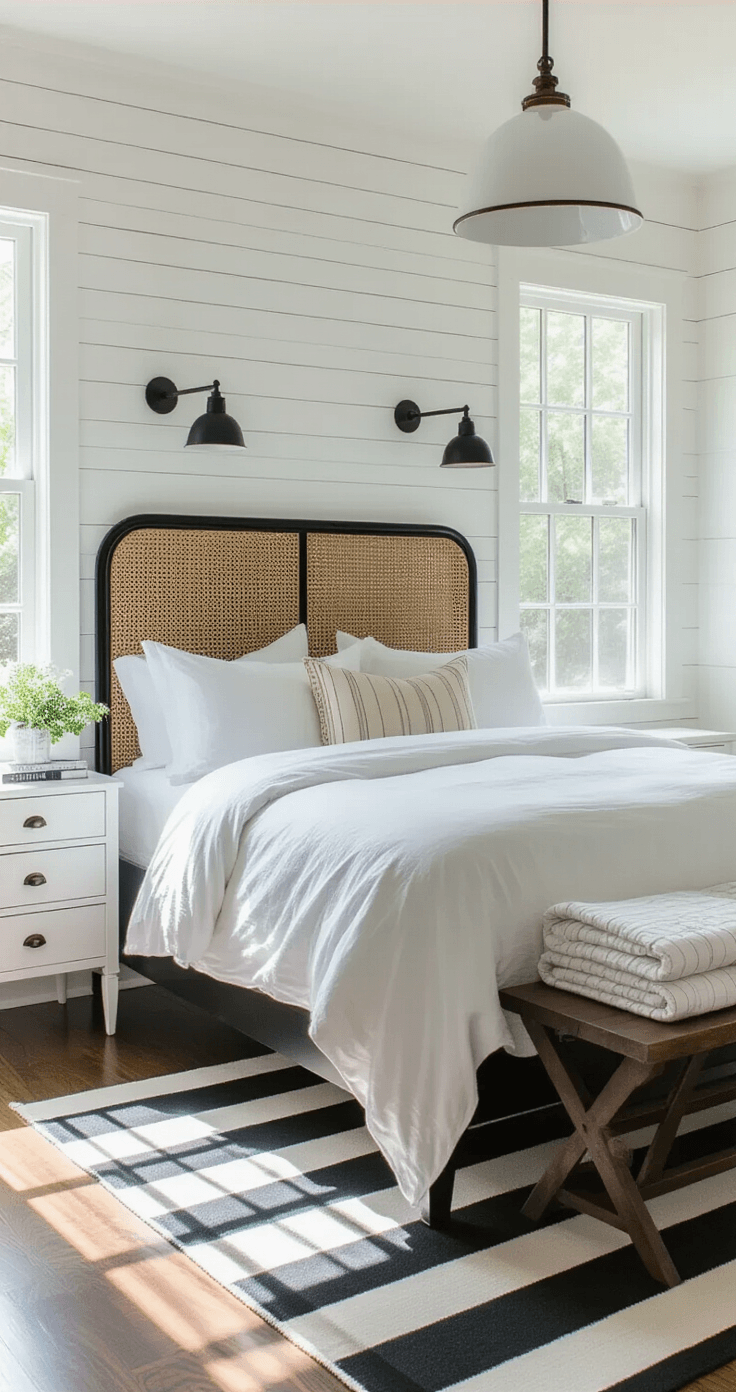 Elegant bedroom with white shiplap walls and black trim, showcasing a black cane headboard bed with white linens and brass pillows, large windows allowing natural light, and a warm walnut bench at the foot of the bed, viewed from the doorway, emphasizing clean lines and mixed textures.