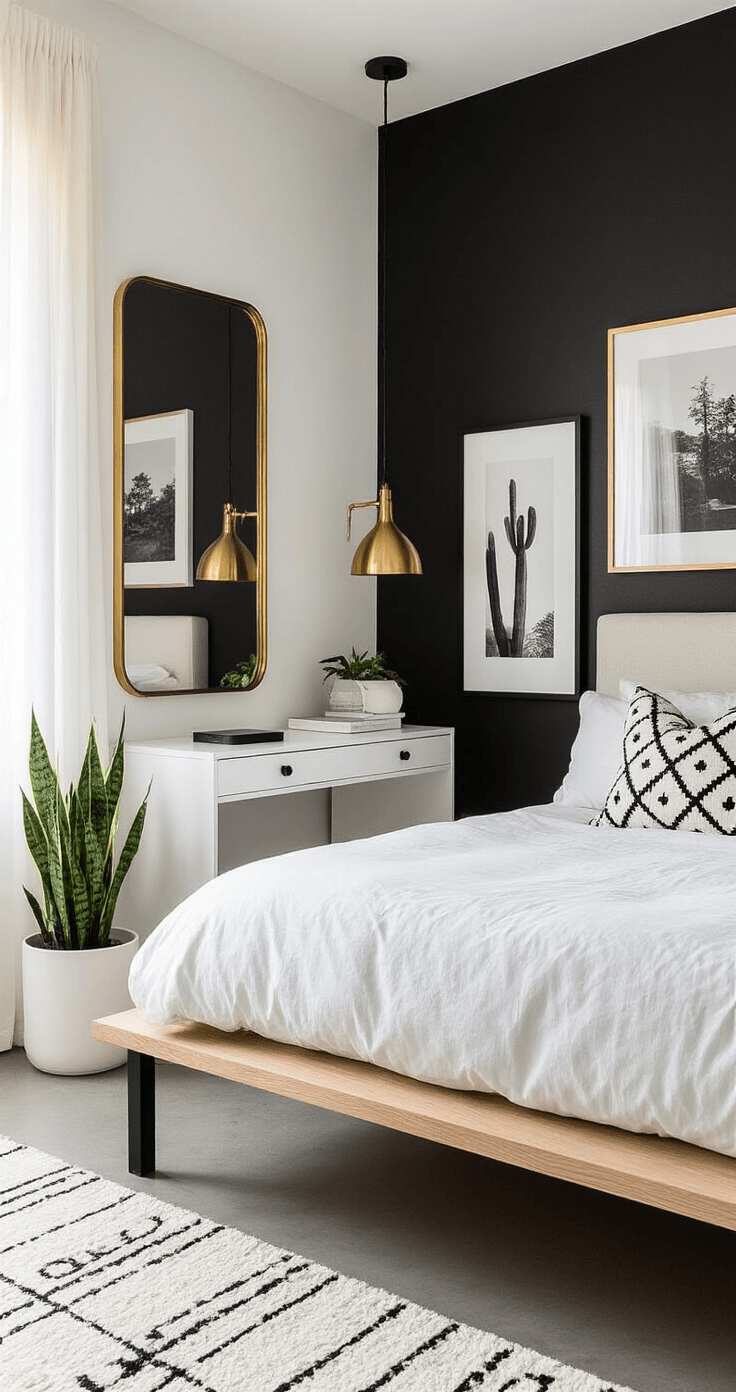 Contemporary small bedroom featuring three white walls and a black accent wall, with golden hour light filtering through sheer curtains, a platform bed, a large brass-framed mirror, a minimalist desk, and a snake plant, all set against polished concrete floors and a geometric rug, designed for efficient space utilization.