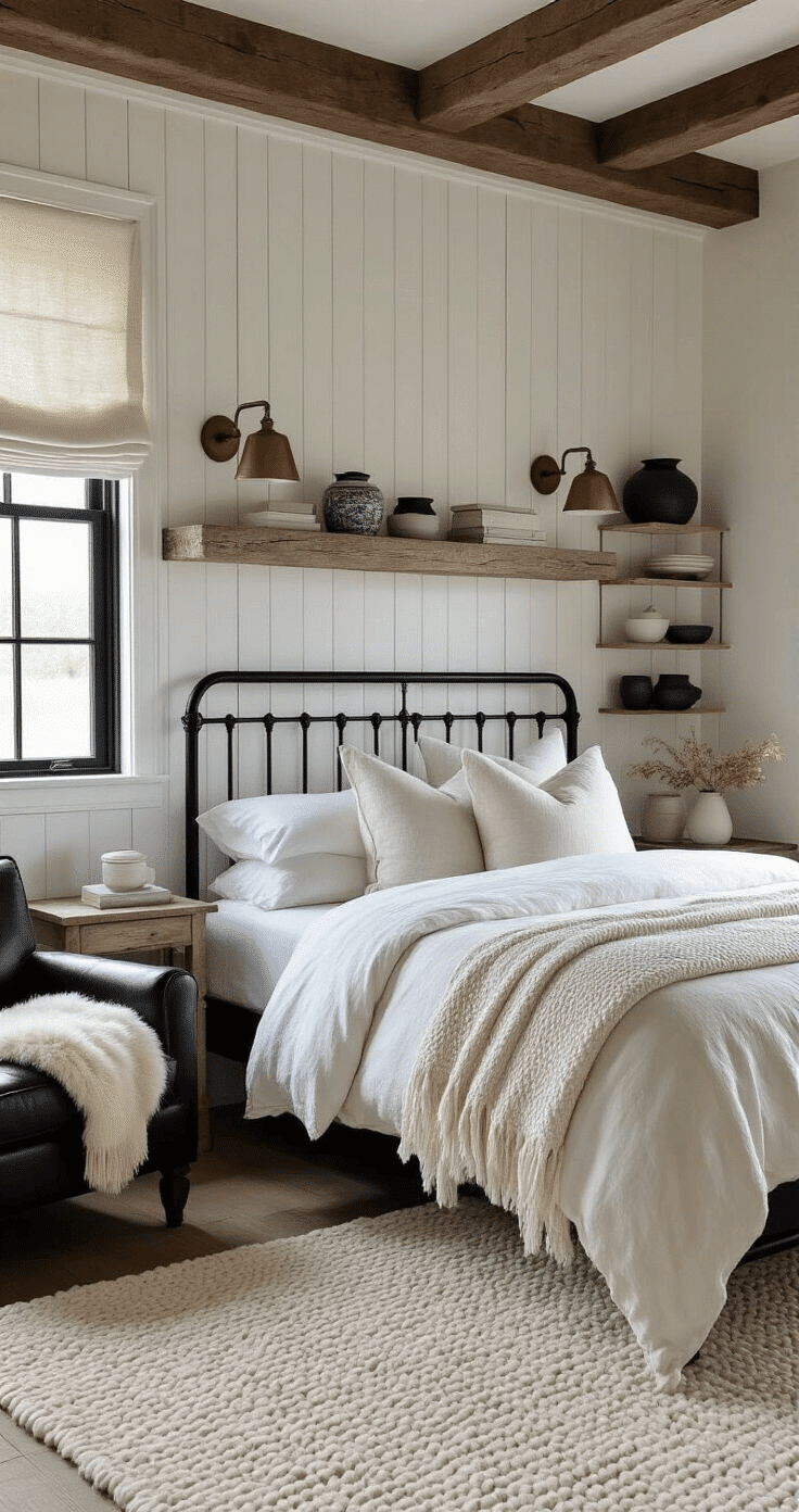 A luxurious farmhouse-style bedroom featuring white tongue-and-groove walls, matte black window trim, rustic black iron bed frame with white and cream bedding, vintage brass sconces, reclaimed wood shelves, chunky white wool rug, and a black leather accent chair, with soft morning light illuminating the space and dark wood ceiling beams adding architectural interest.