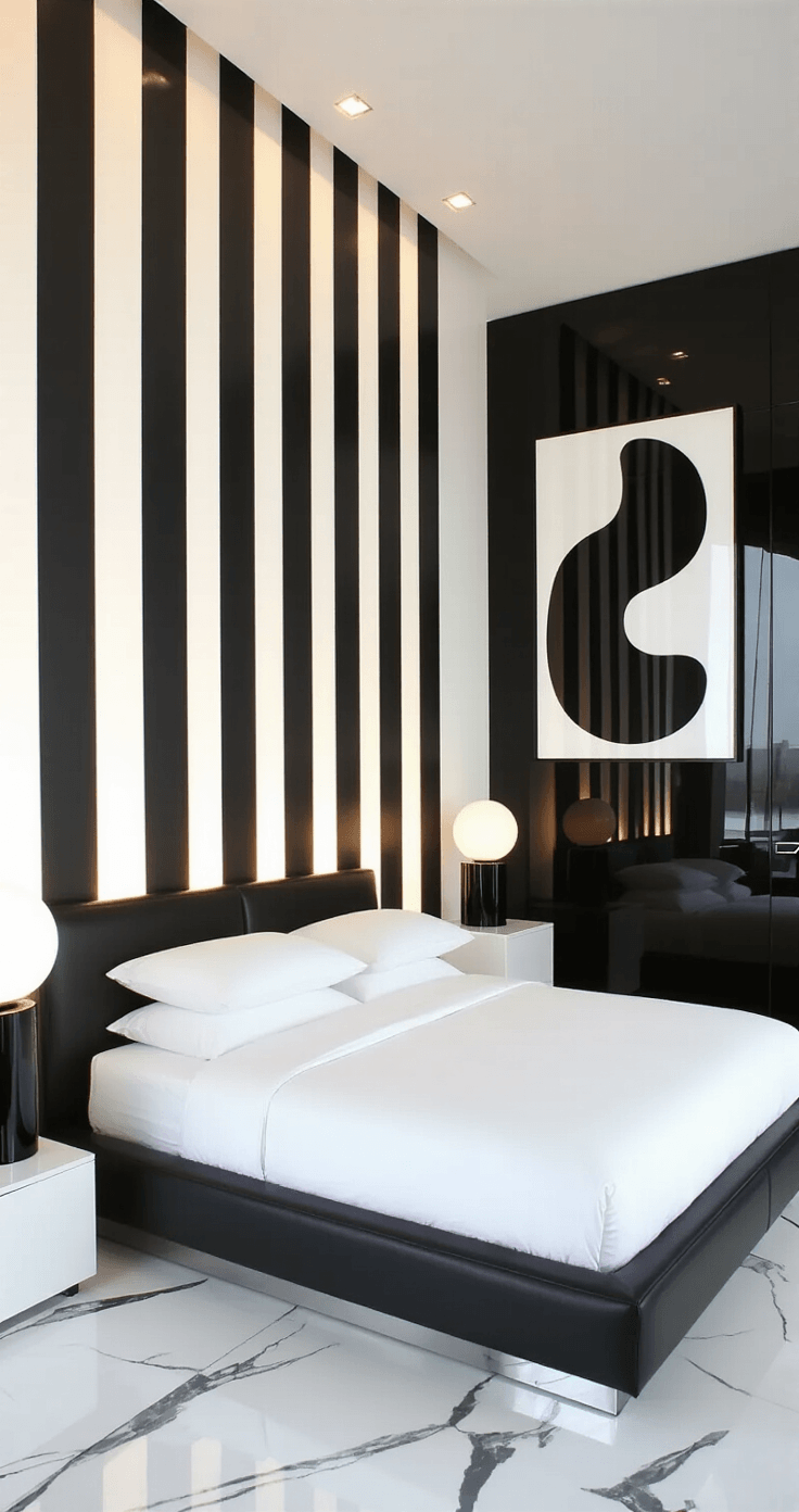 Sophisticated modern bedroom featuring a black and white striped accent wall, low-profile black leather platform bed with white bedding, white lacquered nightstands, and glossy black wardrobes, all illuminated by dramatic late afternoon lighting, showcasing a minimalist aesthetic with high-contrast elements and polished marble floors.