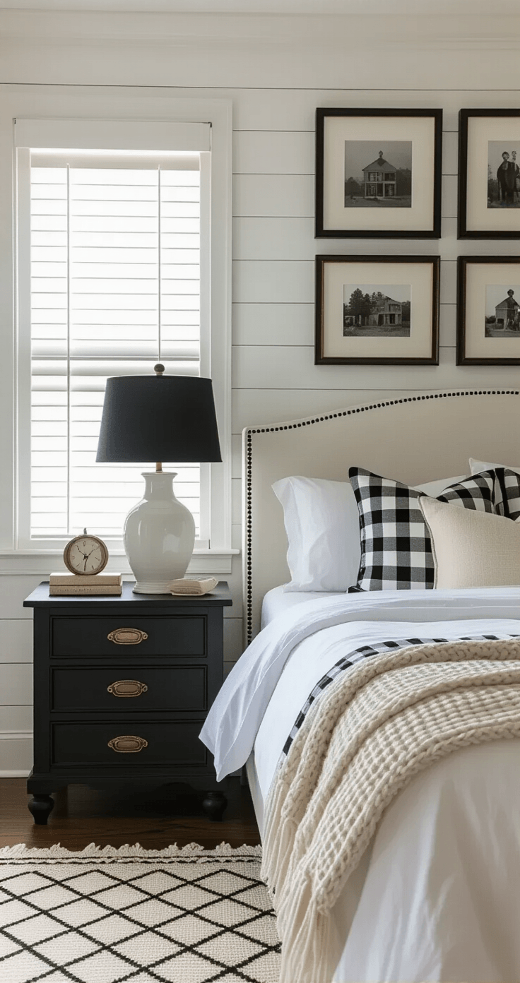A cozy transitional bedroom featuring a black shiplap accent wall, soft white plastered walls, and gentle morning light filtering through white wooden blinds. The room includes an upholstered white linen bed with black nailhead trim, distressed black wooden nightstands with cream ceramic lamps, layered bedding in white and black gingham, and a casual gallery wall of vintage family photographs. Medium-toned hardwood floors are complemented by a cream and black diamond-pattern area rug, warm brass accents, and 2700K lighting for a golden ambiance.