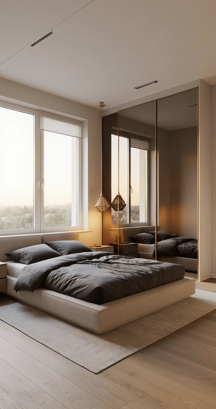 Photorealistic interior of a modern bedroom featuring a floor-to-ceiling sliding door wardrobe with mirrored panels, warm golden hour lighting, a contemporary platform bed with charcoal linen bedding, pale oak flooring, and minimalist bedside tables with geometric pendant lighting.