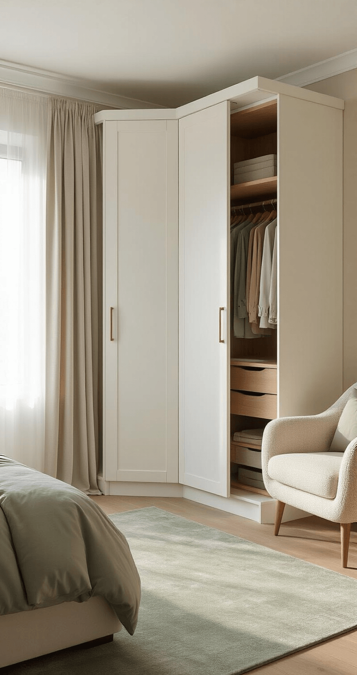 Photorealistic corner bedroom featuring an L-shaped wardrobe system with a matte white finish, warm oak shelving, and soft morning light filtering through sheer curtains, complemented by a cream bouclé accent chair and a muted sage green rug.