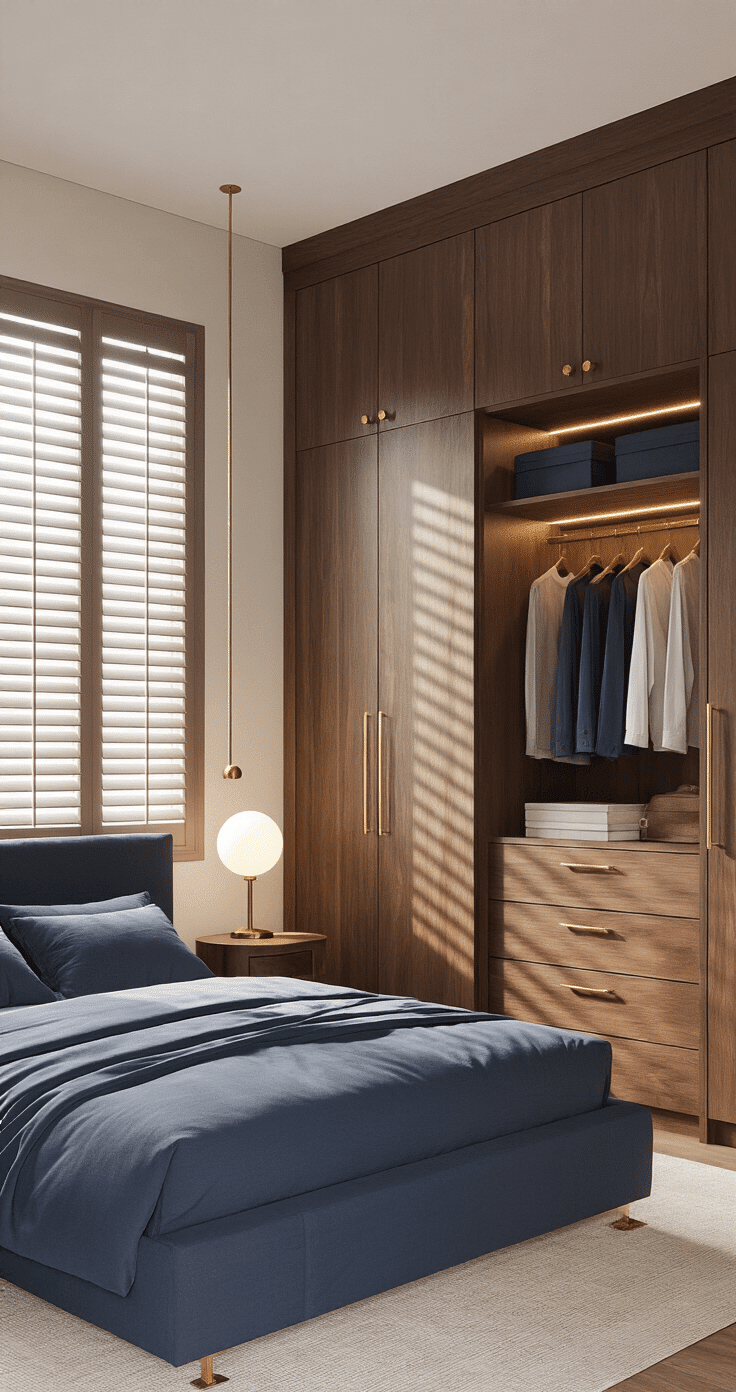 Photorealistic bedroom featuring a wall-spanning walnut wardrobe with integrated lighting, showcasing organized sections and brass accents, alongside a modern platform bed in navy linen, all bathed in warm afternoon light filtering through plantation shutters.